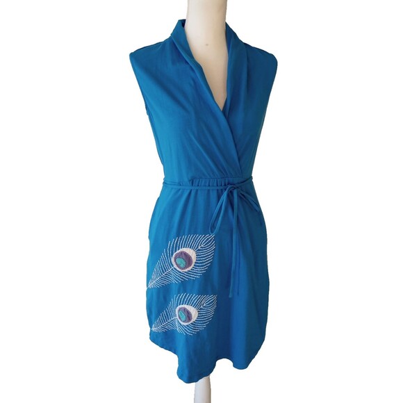 Synergy Organic Cotton Dress Medium Embroidered Peacock Feather Blue Sleeveless - Picture 2 of 11